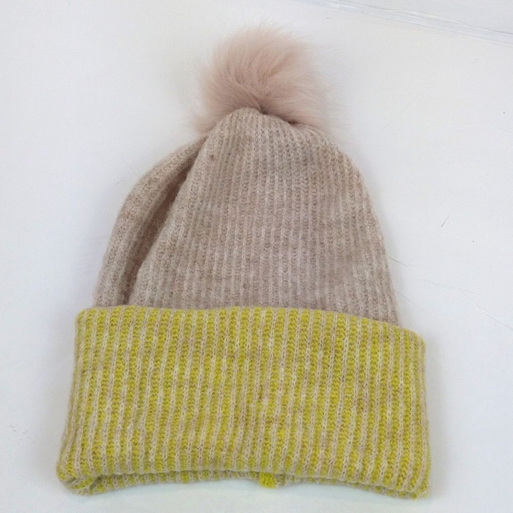 Tan / green color block knit beanie with faux fur Pom